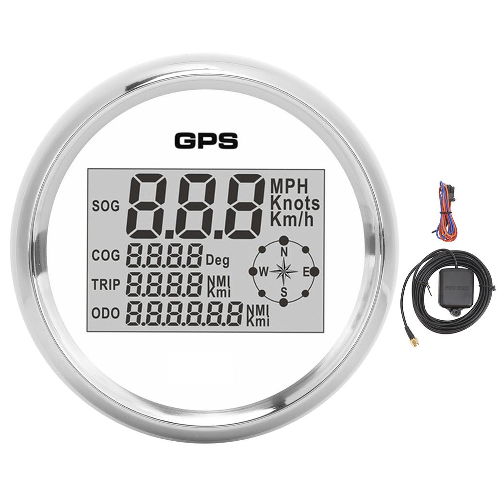 85mm Speedometer Digital GPS LCD 8 Color Backlight 0‑999 Knots KM H MPH 12V 24V White Dial Sliver Frame