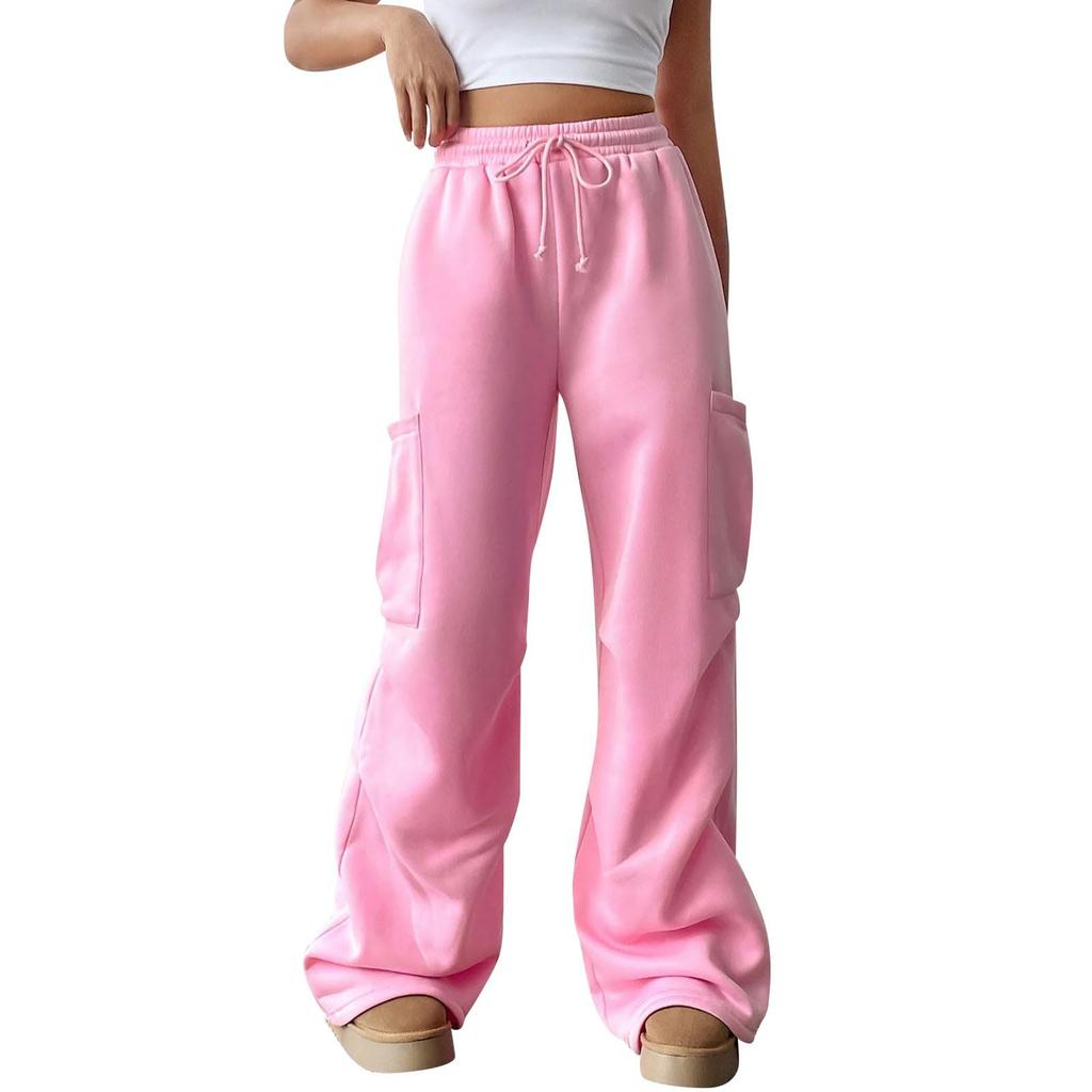 Женские повседневные модные однотонные джоггеры с эластичной талией, кулиской, карманами, широкими штанинами прямого кроя