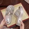 Women's Summer 2025 Silver Rhinestone One-Strap Thick-Soled Height-Increasing Cool Sandals with Medium Heel