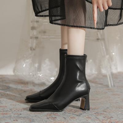 Французские ретро короткие ботинки с квадратным носком, женственные, универсальные, на толстом каблуке, с задней молнией, осенне-зимние тонкие ботинки Мартин, эластичные тонкие ботинки