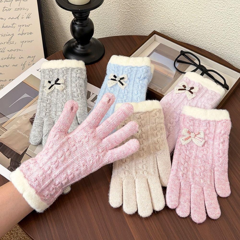 Fleece Lined One Tip Touch Screen Gloves Bow Decoration Cold Proof Gloves Outdoor Activities