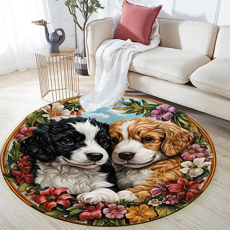 Two Cute Puppies Round Area Rug,Carpet Rug for Living Room Bedroom Sofa Playroom Decor,Non-slip Floor Mat