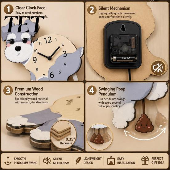 Non Ticking Wall Clock Pooping Dog Clock, Wooden with Swinging Pendulum, Silent Easy Setup for Living Room Home Office, Gift Lover Movement