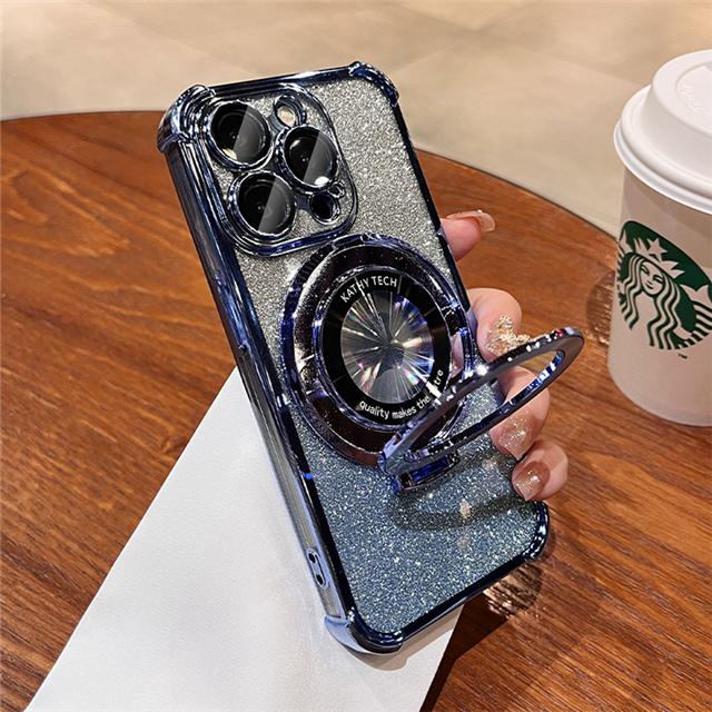 For iPhone 15 Pro Max Luxury Plating Magsafe Magnetic Stand Flash Phone Case For iPhone 11 12 13 14 16Plus Lens Protective Cover