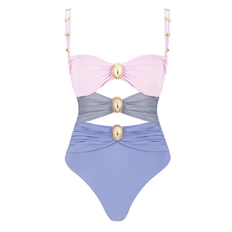 1011 European and American new gold round buckle decorative three-color hollow splicing one-piece swimsuit women's suit