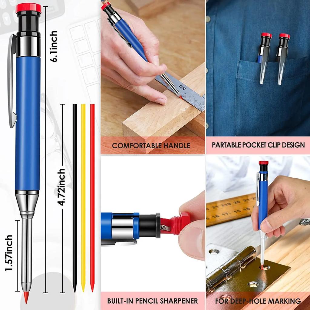 Long Head Nib Deep Hole Woodworking Metal Solid Carpenter Mechanical Pencil Set with Sharpener Construction Marking Scriber Tool