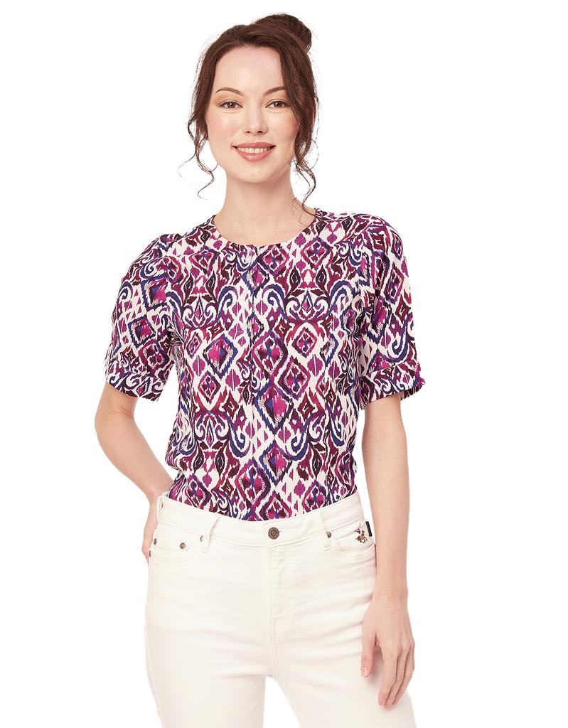 Moomaya Printed Viscose Summer Top For Women, Round Neck Short Sleeves Casual Top