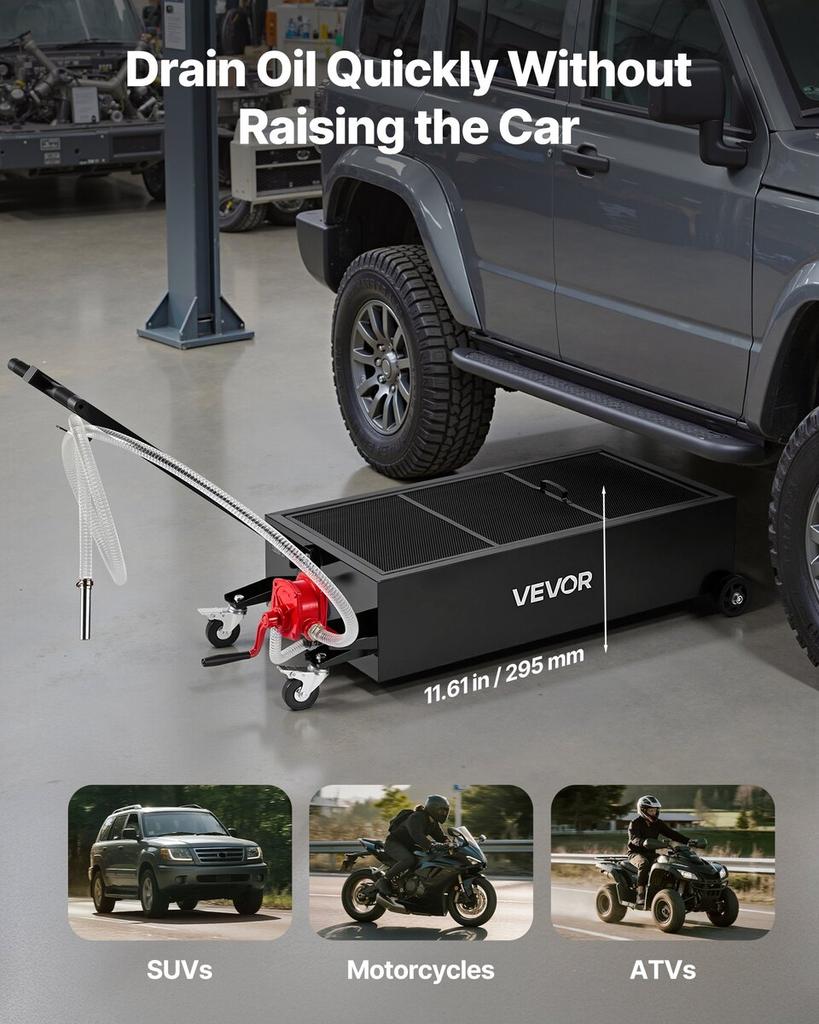 Low Profile Oil Drain Pan, 94.6 L Capacity, Rolling Oil Drain Pan with Manual Pump, 2.2 m Hose & T Folding Handle, Leak-proof & Corrosion-resistant,