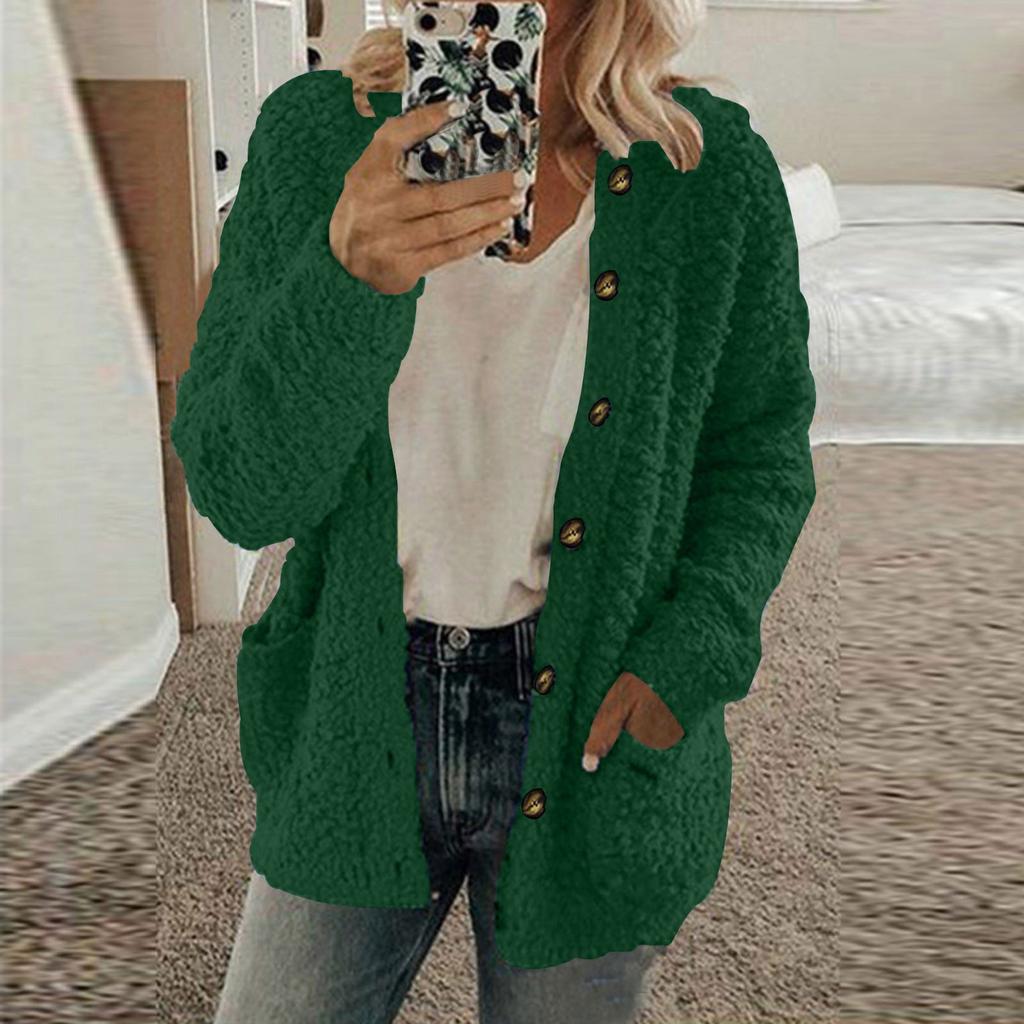 Women's Fashionable Solid Color Long Sleeved Single Breasted Pocket Round Neck Plush Jacket