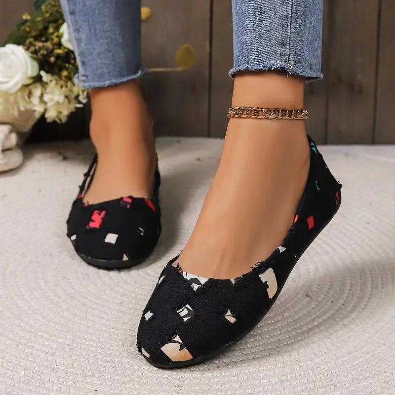 Women Loafers 2025 New Mixed Colors Patchwork Denim Breathable Shoes Casual Round Toe Slip On Shallow Shoes