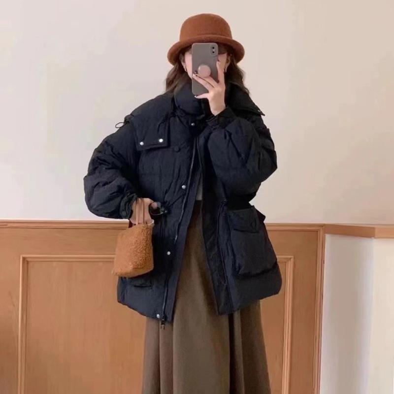 Temperament пуховик с капюшоном и поясом женская короткая зимняя куртка 2024 года с пряжкой из утолщенного и тонкого белого утиного пуха