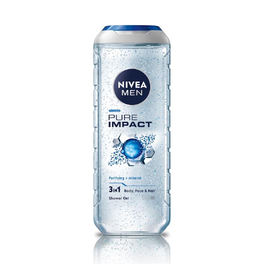 Nivea Мужской гель для душа Pure Impact 500 мл 3-в-1 для тела, лица и волос со свежим ароматом и увлажняющим очищением