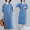 Plus Size Women New Spring Dress Denim Short Sleeve Dress V-Neck Long Dress Blue Basic Dresses Loose
