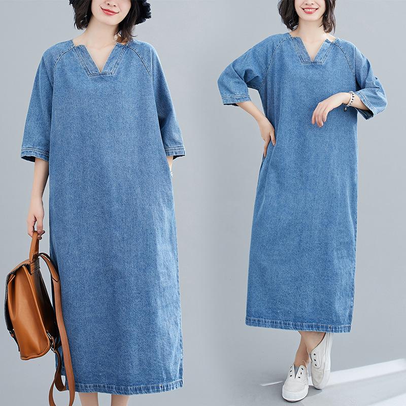 Plus Size Women New Spring Dress Denim Short Sleeve Dress V-Neck Long Dress Blue Basic Dresses Loose