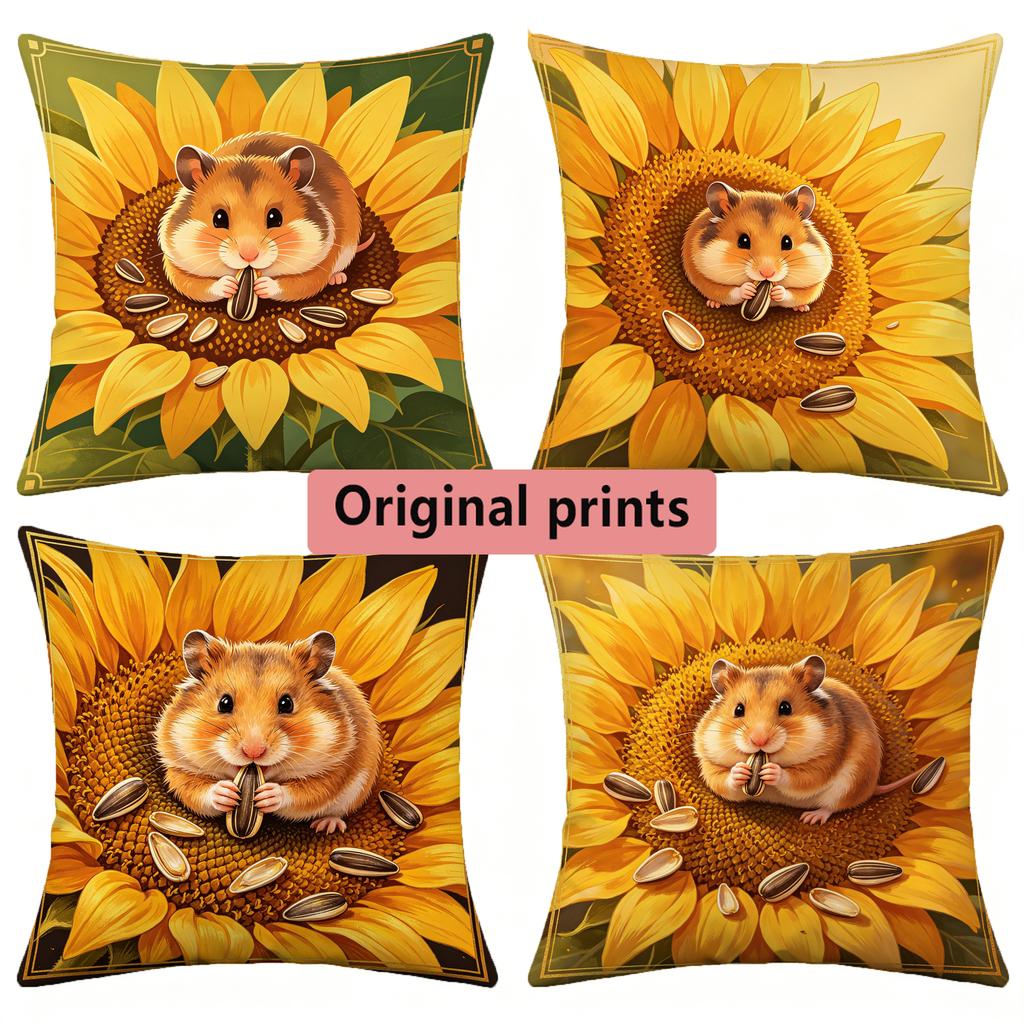 Hamster Sunflower Print Throw Pillow Covers Pattern Cushion Cover Suitable For Sofa Bedroom Car Pillow Cover