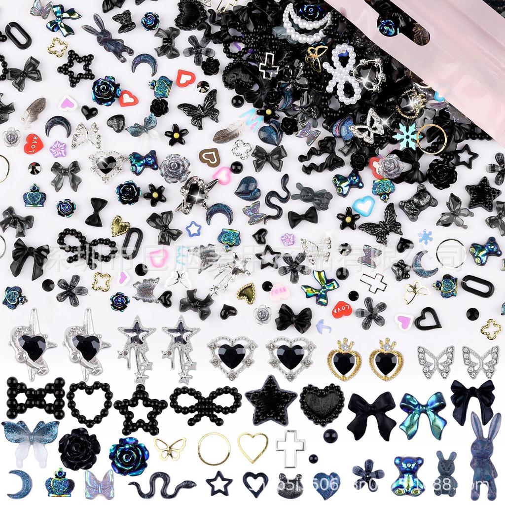 650PCS Mixed Nail Art Kit: Bows, Chrome Hearts, Pearls, Rivets, and Fairy Style Colors.