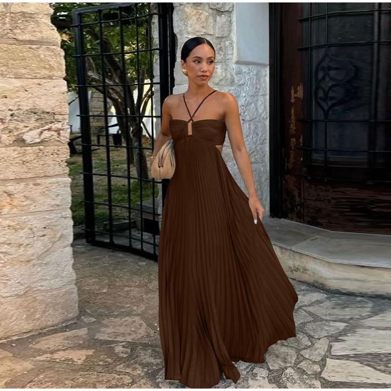Летнее плиссированное длинное платье с бретелью через шею для женщин, без рукавов, синие пляжные платья для отдыха, женское 2025 модное женское платье А-силуэта