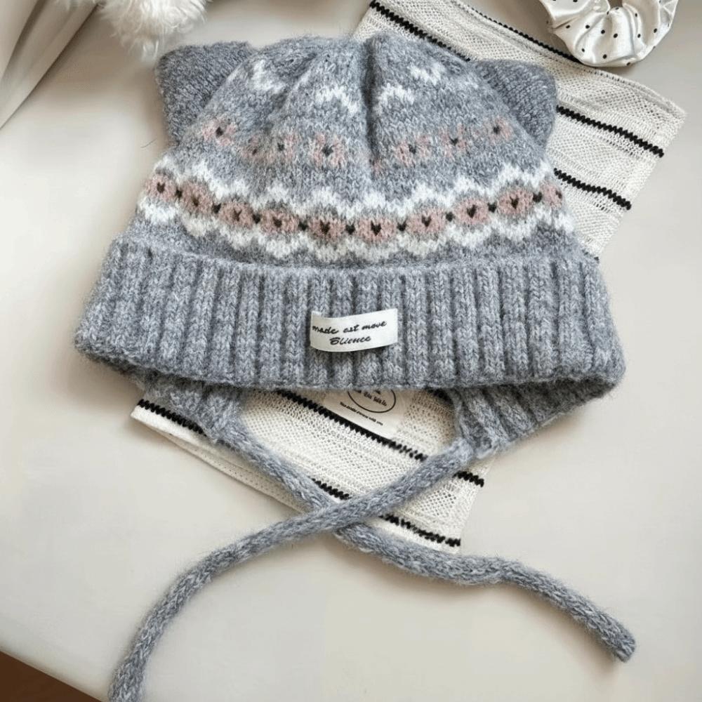 Вязаная шапка с ушками кошки в стиле Fair Isle Геометрический жаккард Пушистая вязаная шапка Утепленная бини Для отдыха и путешествий