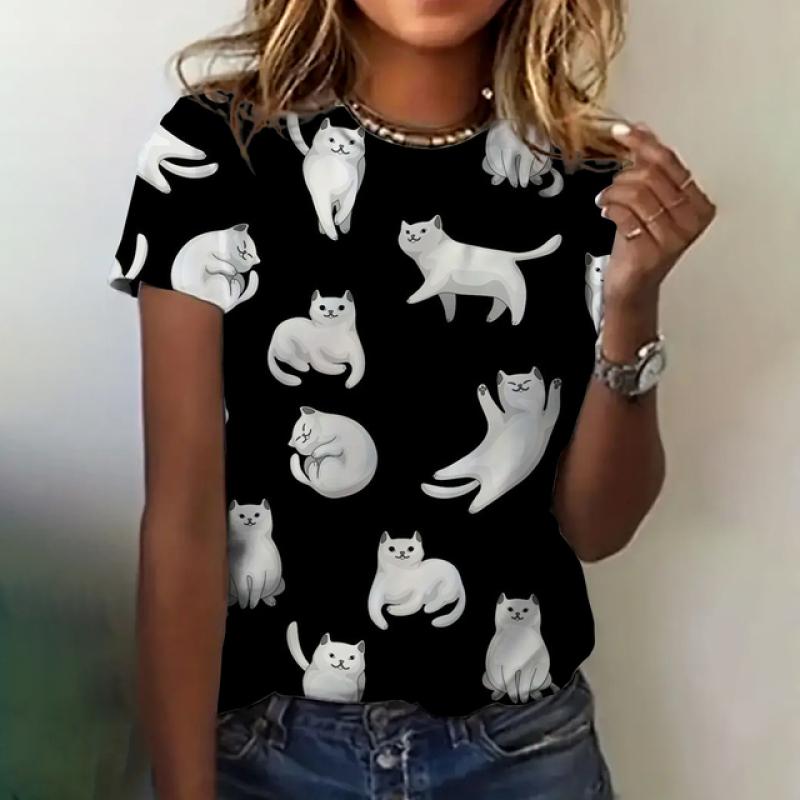 Женская футболка с принтом кота, летняя одежда с круглым вырезом и коротким рукавом, свободный повседневный топ с милым принтом, женская модная футболка с коротким рукавом