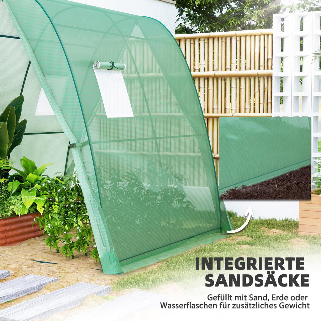 Polytunnel Greenhouse with Sandbags, Walk-In Tunnel Green House with 2 Doors and Screen Windows, 1.8 x 1.8 x 2m, Green