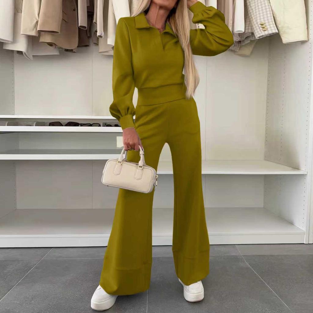 Женская Мода Повседневный Домашний Однотонный Топ с Лацканами и Длинным Рукавом Эластичные Брюки с Широкими Штанинами Комплект из Двух Предметов