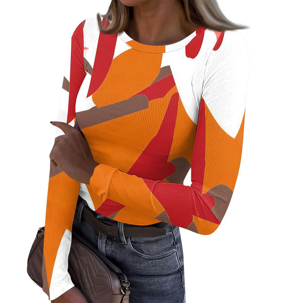 Женская и зимняя футболка с тонким низом, модная повседневная футболка с круглым вырезом и принтом, длинный рукав