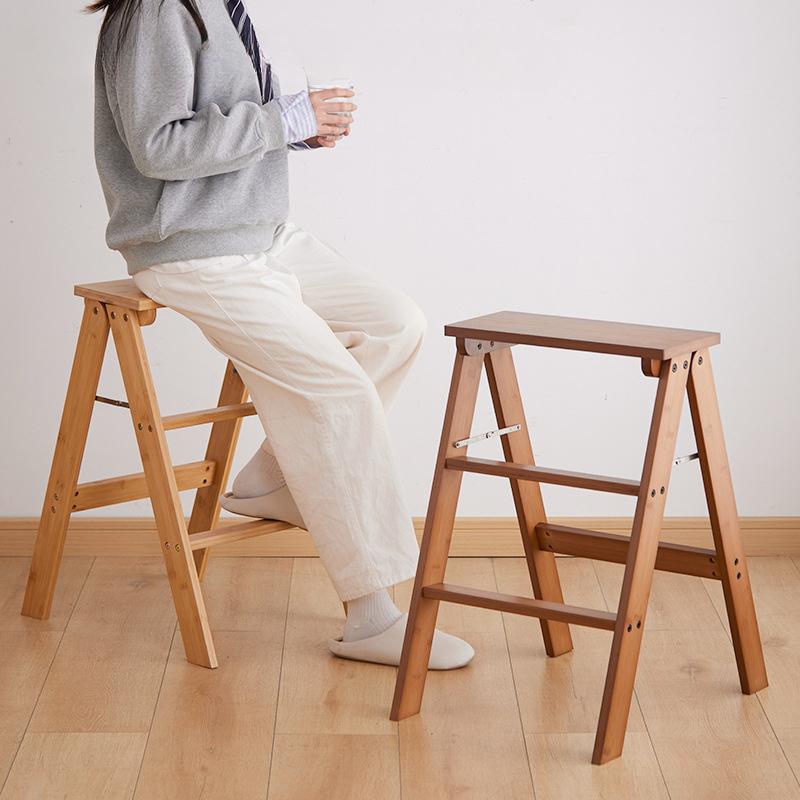 Бытовая складная лестница из цельного дерева, складной стул, утолщенный подъемный деревянный табурет-стремянка (Цвет натурального дерева)