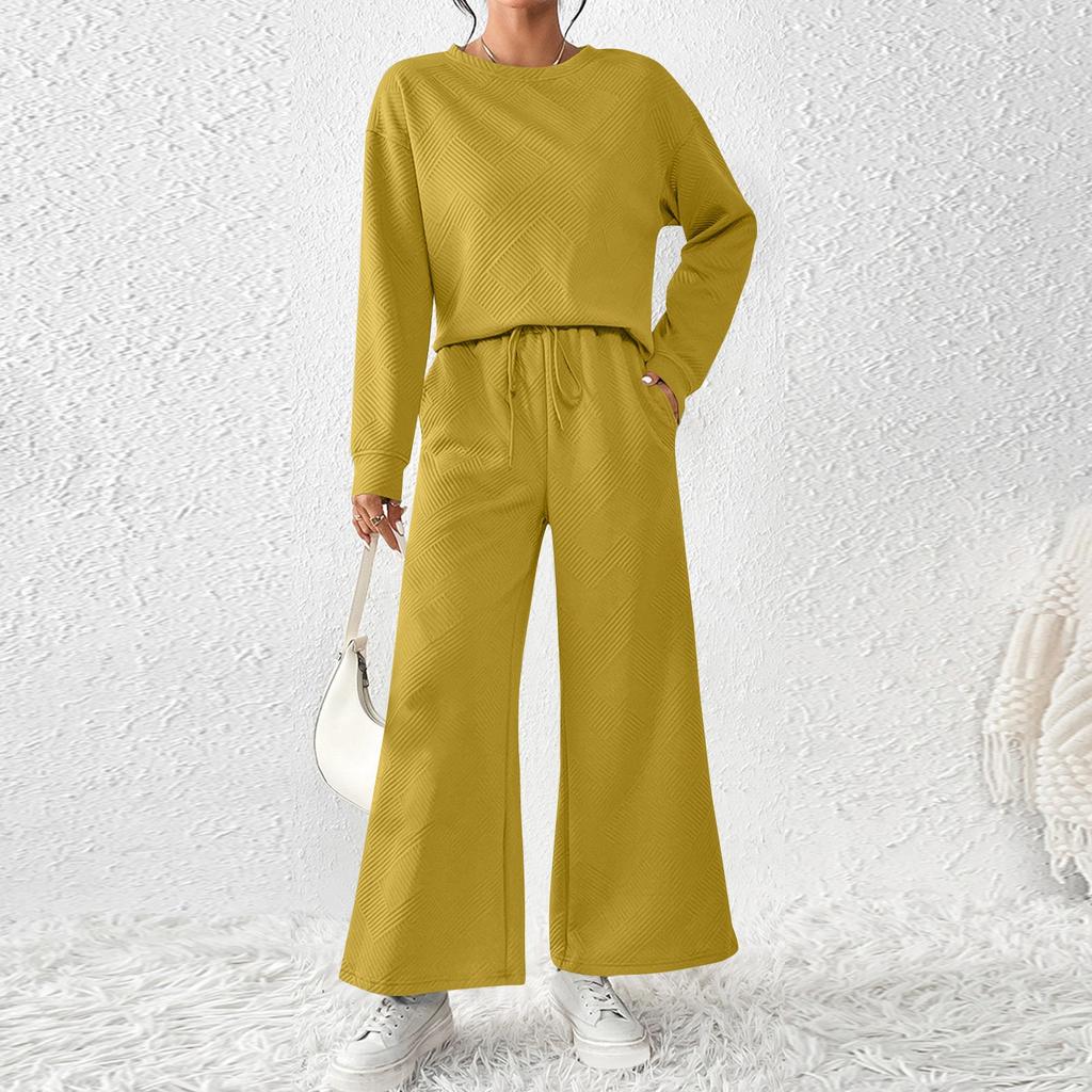 Women's Solid Color Temperament Casual Loose Textured Drawstring Elastic Waist Sports Suit