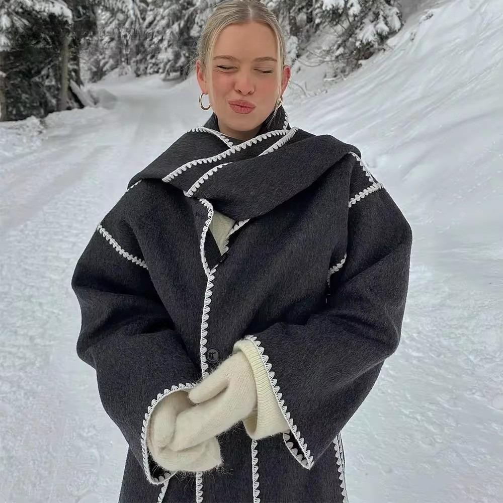 Осень-зима, теплое толстое пальто в стиле пэчворк для женщин, повседневное однобортное пальто с воротником-шарфом, с карманами, женская модная уличная куртка