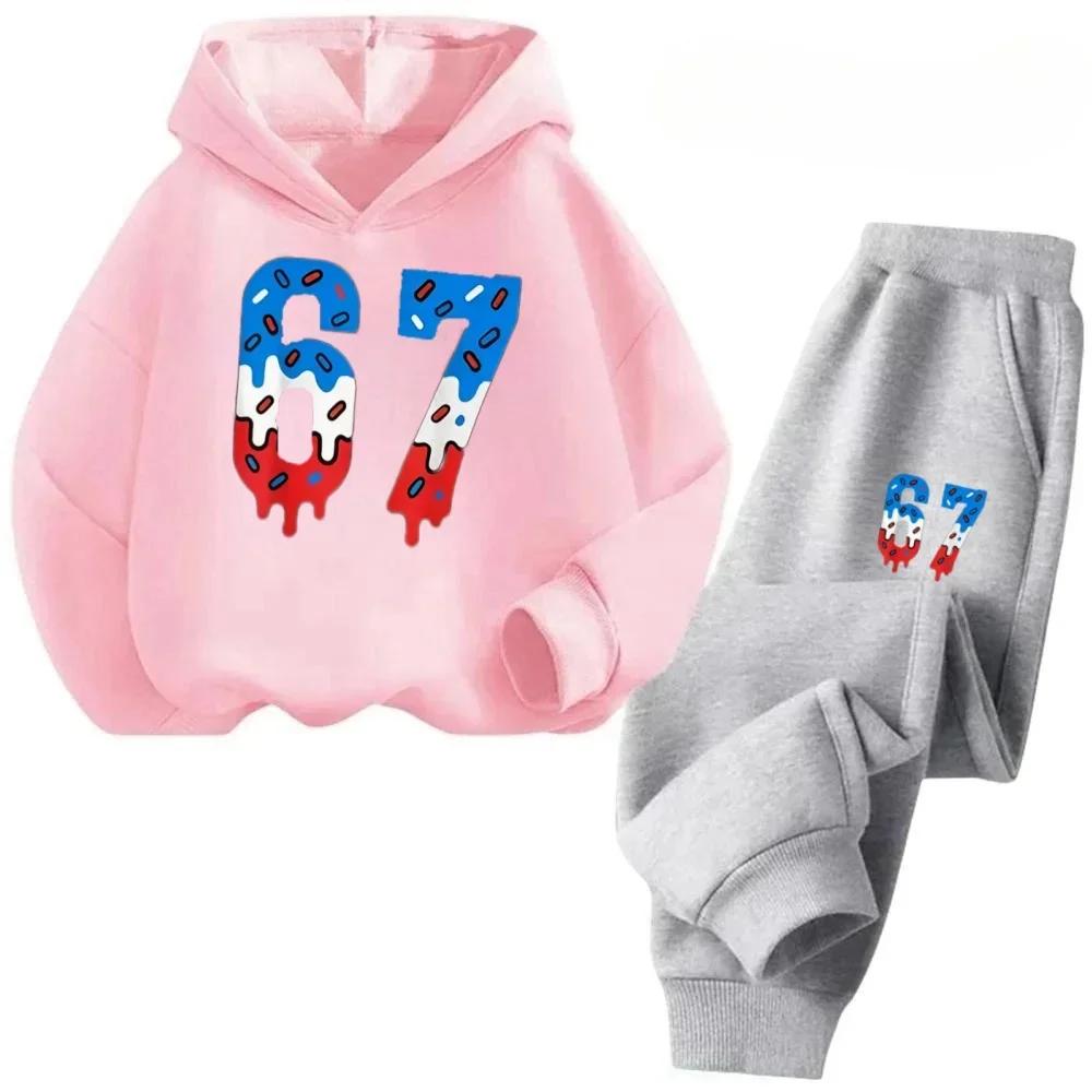 67 Chic Children's Hoodies Set 3-12Y Korean Streetwear Block Tracksuit Fashion Comfortable Kids Sweatshirt 2 Pcs Sets Pant Suit