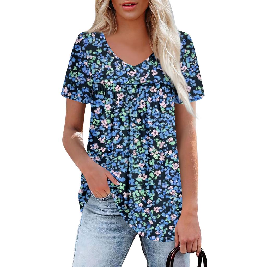 Women's Casual V-Neck Short Sleeve Chest Ruffle Printed Top