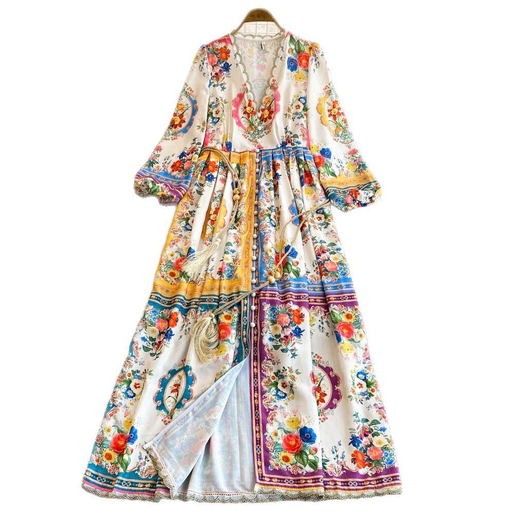 Однобортное платье с воротником-стойкой, присборенное на талии, модное принтованное платье для женщин, элегантное платье для светской львицы