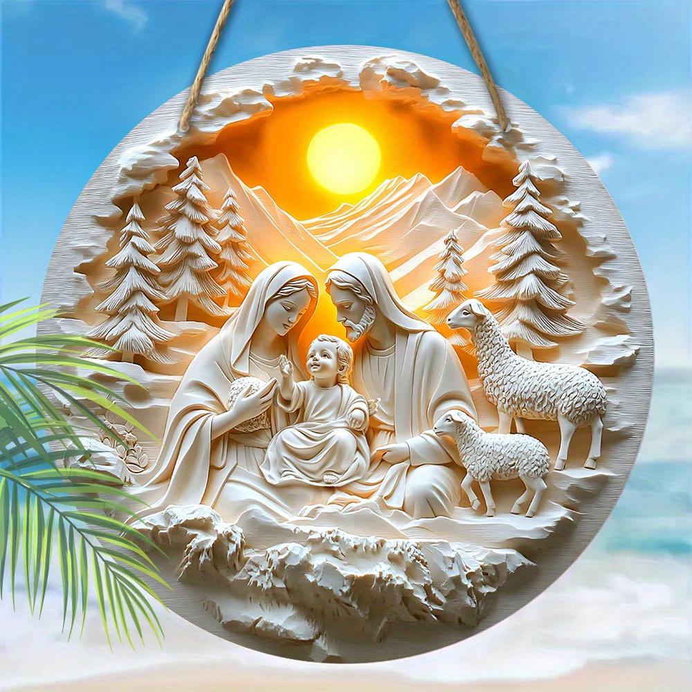 5 шт. Очаровательная деревянная настенная сцена Рождества Христова - 2D плоский рельефный дизайн Иисуса и потерянного ягненка, идеальный рождественский декор для дома и использования на открытом воздухе