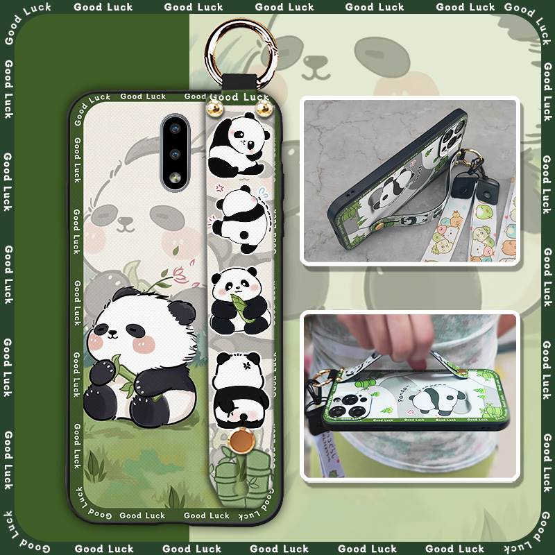 Cartoon Fashion Design Phone Case For Nokia 2.3 Wrist Strap Panda Back Cover Waterproof Anti-knock Lanyard Wristband