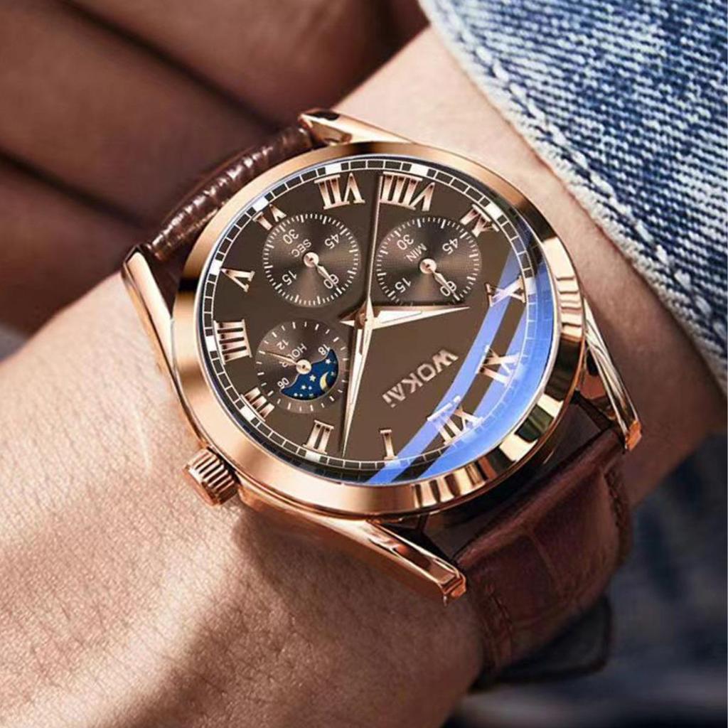 2024 Men's Business Quartz Wristwatch with Wokai Leather Strap & Alloy Case