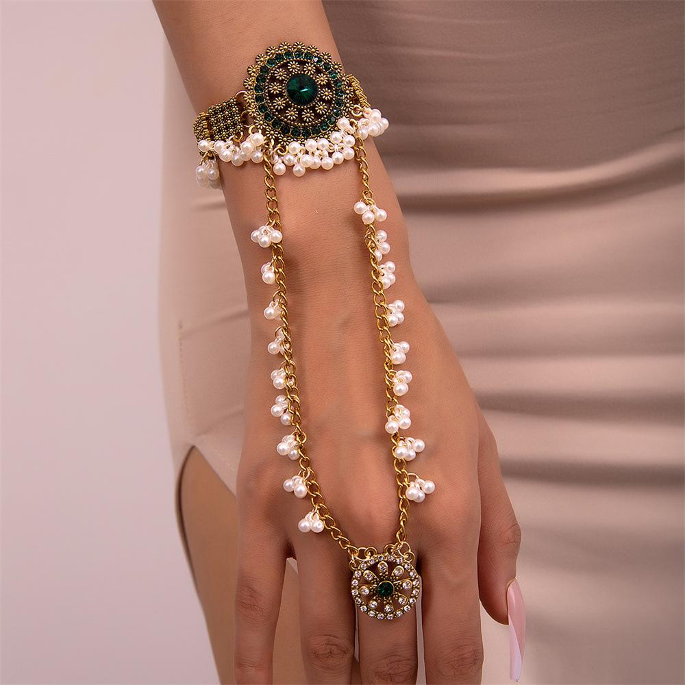 Бохо Ретро Женский Браслет Цельный Золотистый Кристалл Цветок Кольцо на Палец Браслеты Циркон Кисточка Свадебный Этнический Индийский Циркон