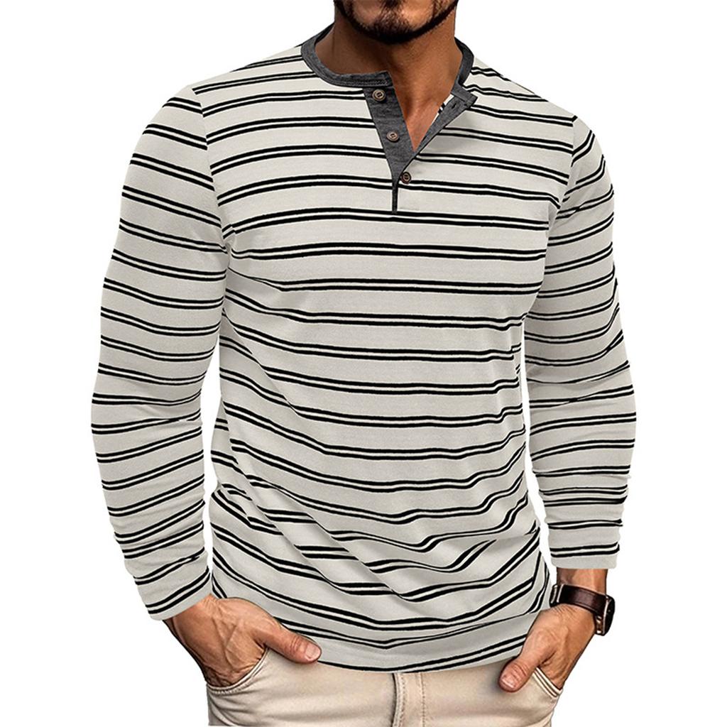 Men's Casual Long-Sleeved Shirts Striped Shirts With Three-Button Tops