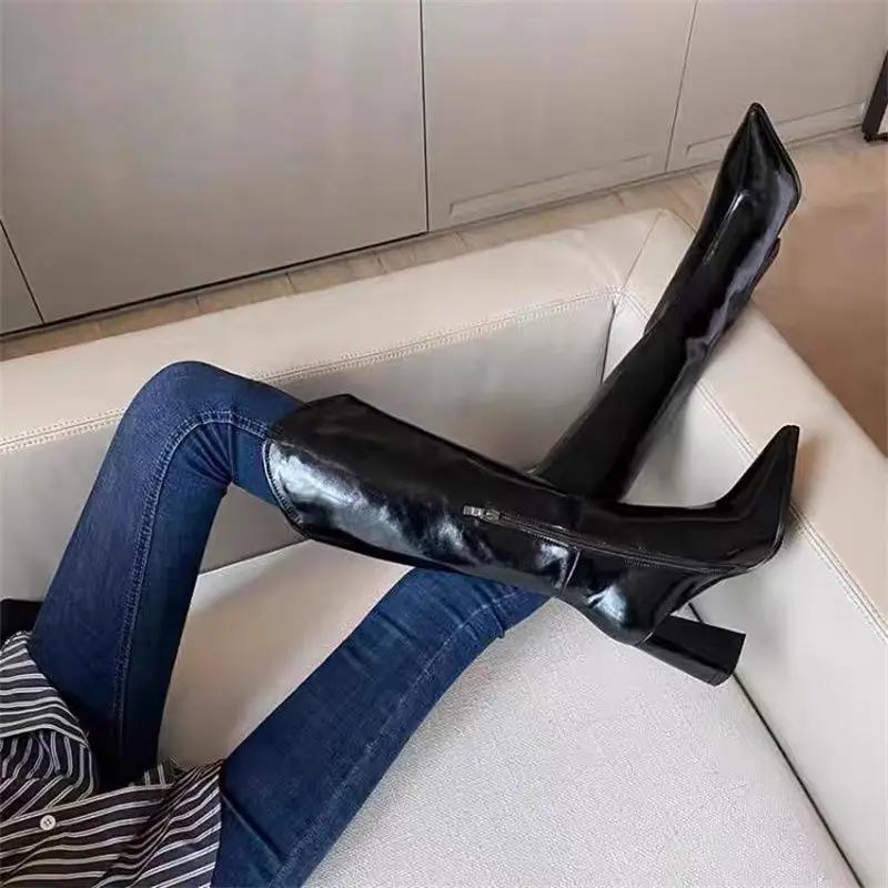 Весна Осень Высокие каблуки Элегантные на каблуке Зима 2025 Длинные сапоги для женщин Качественная обувь Водонепроницаемые Сапоги до колена Женские