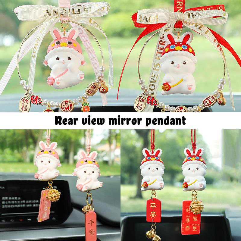1pc Creative Lucky Rabbit Car Pendant Amulet Blessing Rearview Mirror Hanging Car Ornament Decor Xmas New Year Gift Girls