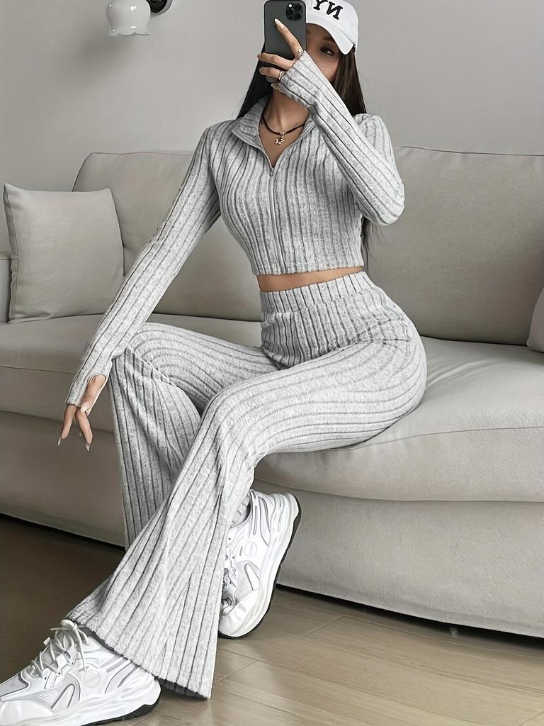 Women's Casual Ribbed Solid Color Two-Piece Set: Zipper Long Sleeve Cropped Top & High Waist Flared Pants