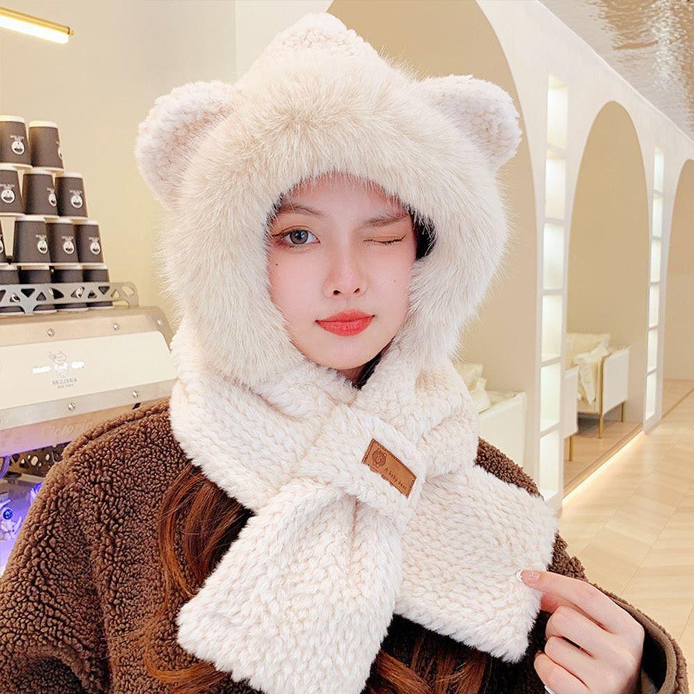 Plush Beanie Hat Scarf Thickening Neck Warmer Winter Ear Protection Cap for Women