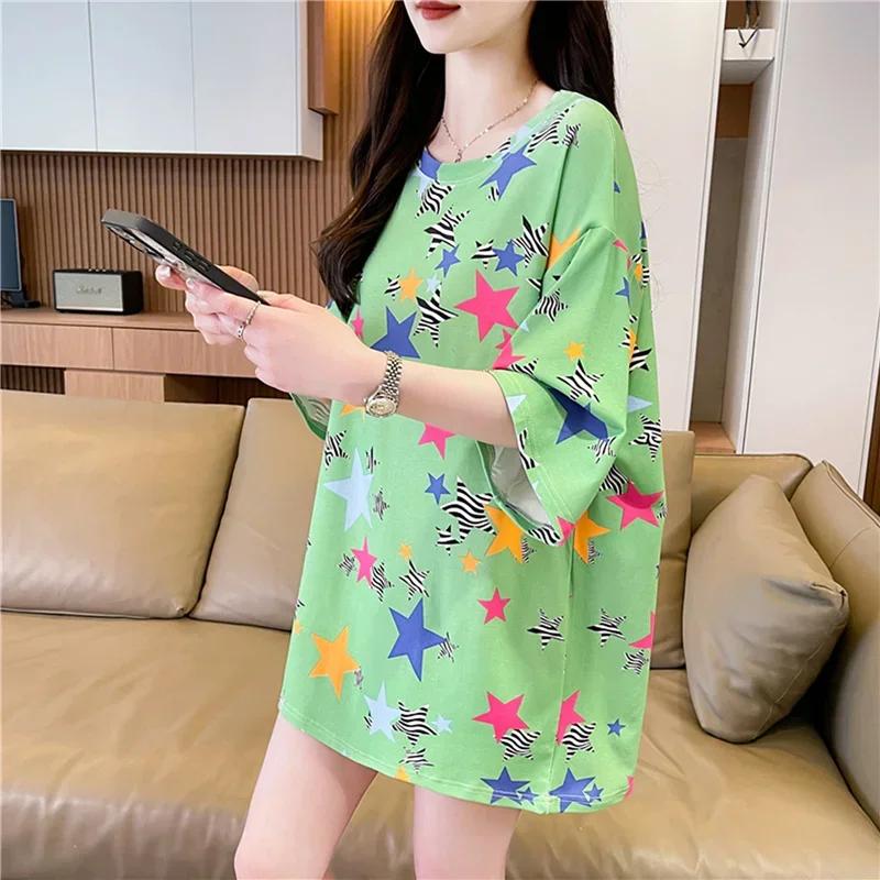 Летняя винтажная футболка с принтом Мода Женская Оверсайз Графические Длинные Футболки Y2k Топы Харадзюку хип-хоп Уличная одежда молодежная