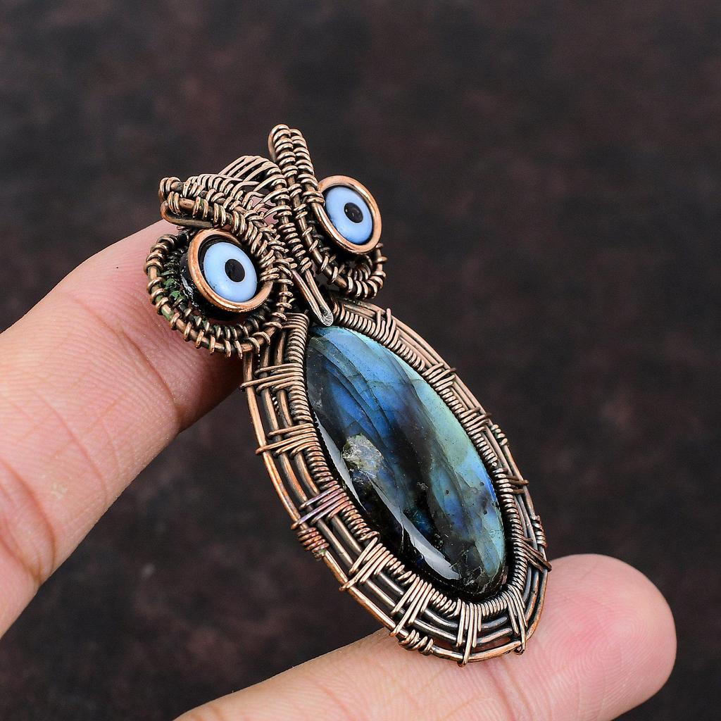Подвеска из лабрадорита, черного цвета, подвеска от сглаза, медная проволока, обернутая в бижутерию, кулон ручной работы из настоящего драгоценного камня, медная подвеска в виде совы, подарок для нее