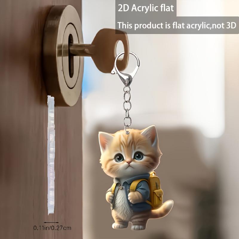 2D Плоский Акриловый Мультяшный Брелок Котик - Милый Дизайн в Голубой Куртке и с Желтым Рюкзаком, Кольцо-Застежка - Идеальный Пасхальный Подарок для Любителей Кошек