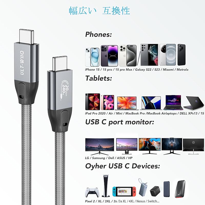 ULT-WIIQ Type C Cable 1m USB To 20Gbps High Speed Data Transfer 240W Fast Charging 4K@144Hz Video Output PD3.1/QC4.0 Compatible 3.2 Gen2x2 Standard,