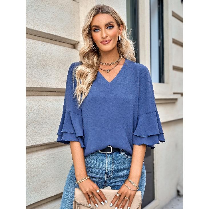 2023 Весенне-летние однотонные свободные топы с V-образным вырезом и оборками на рукавах для