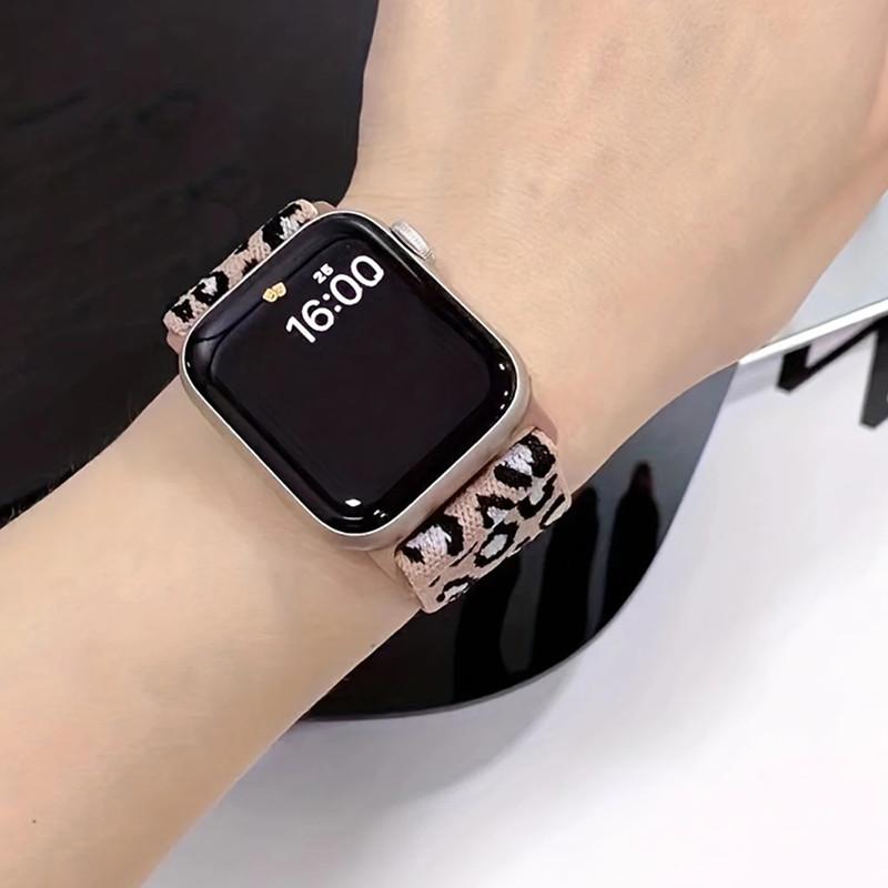 Эластичный нейлоновый ремешок для часов, совместимый с iWatch, регулируемый ремешок с леопардовым принтом для Apple Watch Series 10 9 8 7 SE3 49 мм 46 мм 45 мм 44 мм 42 мм 40 мм 41 мм