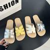 Fairy Summer Breeze with New Slippers, Female Wearing Beach Skirt One-word Flat Sandals