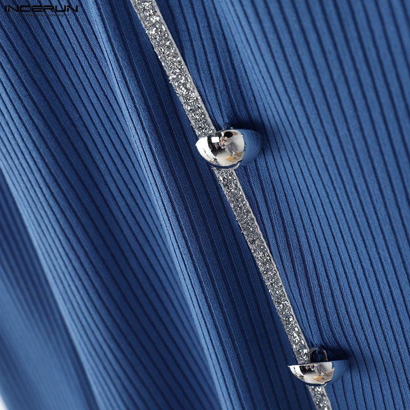 INCERUN Мужские футболки с квадратным вырезом, длинным рукавом, пэчворком, пуговицами, облегающие, укороченные топы