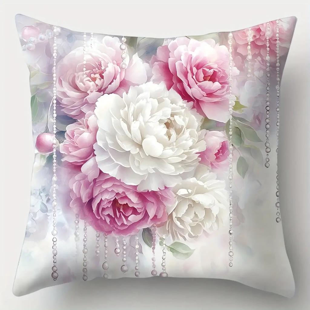 Elegant Pink White Peony Pillow Covers, Pearl Tassel Floral Art Throw Pillow Cases, Luxury Wedding Home Decor Cushion Covers